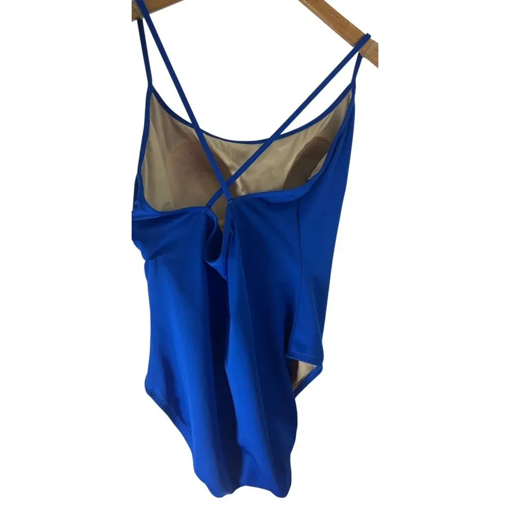 Vtg Cole of California One Piece Swimsuit XL Royal Blue High Cut Crisscross Back